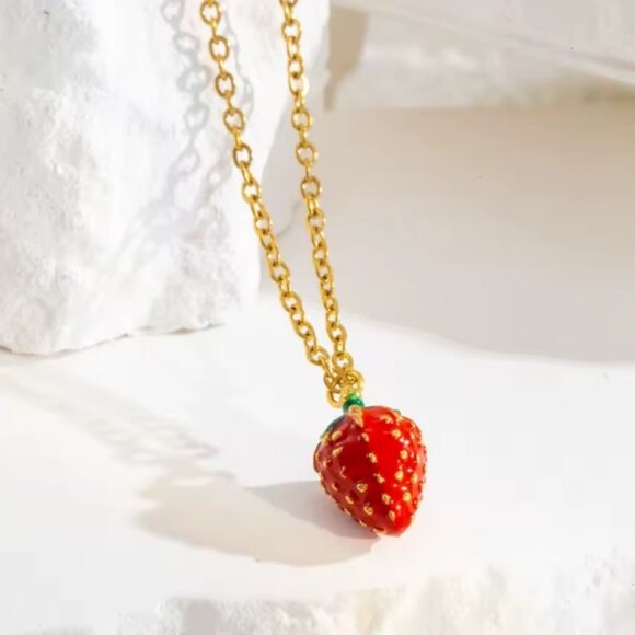 Jewelry - Red Strawberry 18K Gold Stainless Steel Non Tarnish Necklace